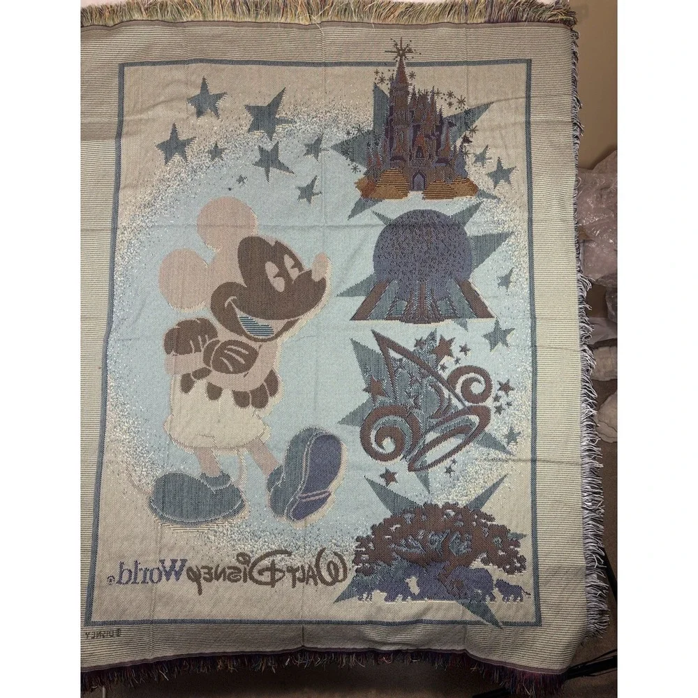 Disney Walt Disney World Mickey Mouse Woven Tapestry Throw Blanket Fringe Icons